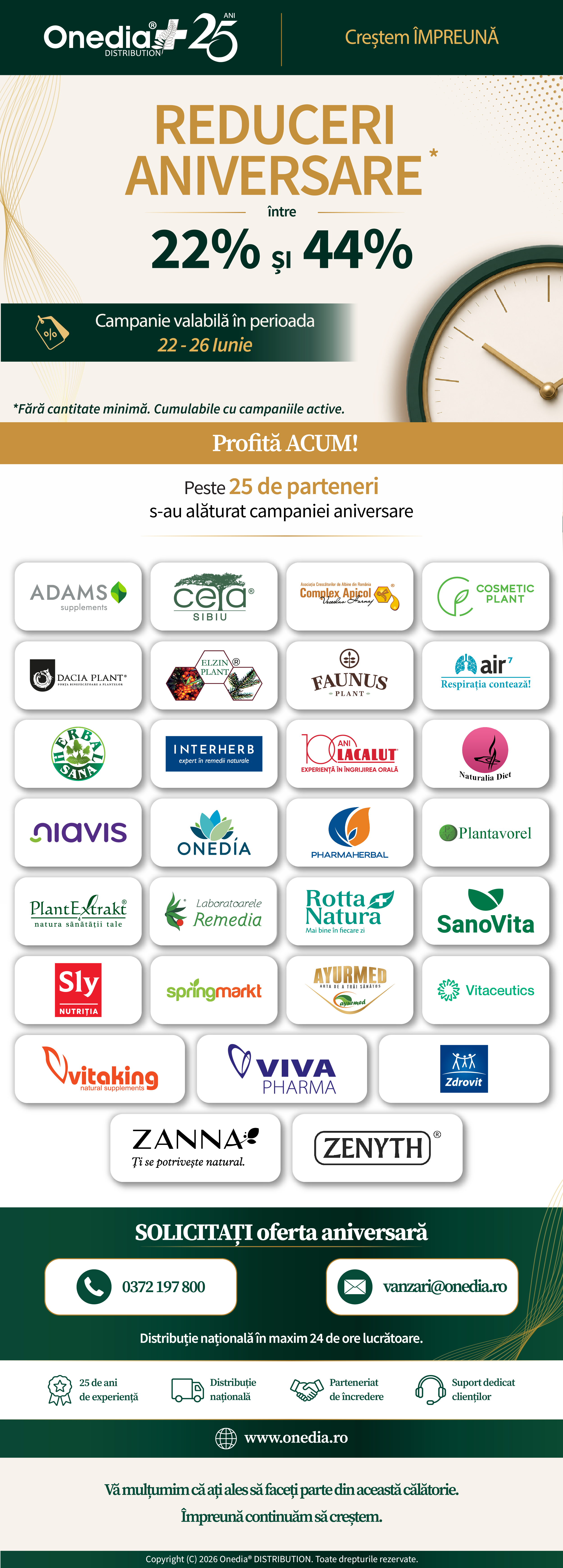 Broșura Aniversară Onedia 25 Ani - Parteneriat, Evoluție, Viitor. Detalii despre campanie, produse participante, reducere 40% și informații de contact.